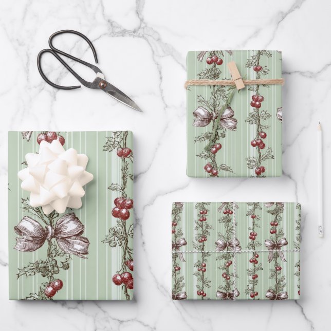 Hoja De Papel De Regalo Pretty Green Toile Christmas Berries And Bows (Anverso)
