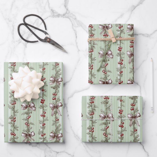 Hoja De Papel De Regalo Pretty Green Toile Christmas Berries And Bows (Anverso)
