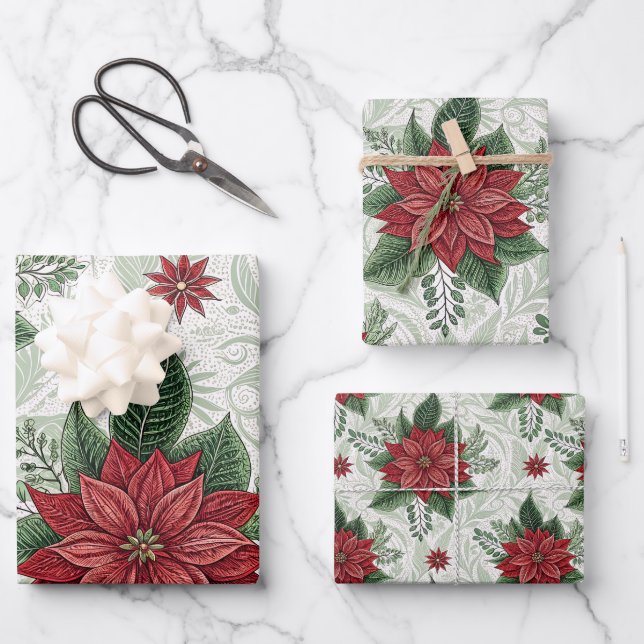 Hoja De Papel De Regalo Pretty Green Toile Red Christmas Flower Pattern (Anverso)
