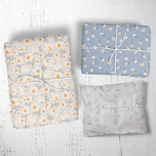 Hoja De Papel De Regalo Primavera floral Daffodil   Azul y gris