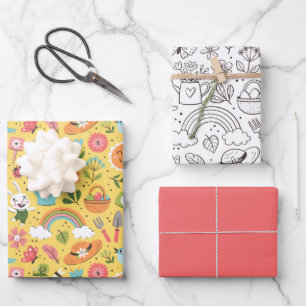 Hoja De Papel De Regalo Primavera Floral Monada Garabatos Colorido Blanco 