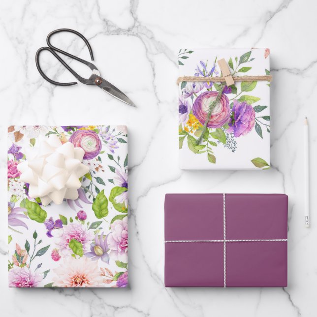 Hoja De Papel De Regalo Primavera Ranunculus y Collage Rosa (Anverso)