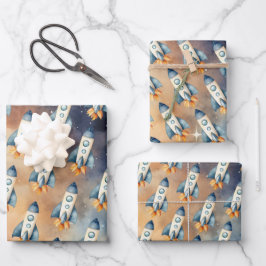 Hoja De Papel De Regalo Primer Viaje Espacial Alrededor Del Cohete Del Cum