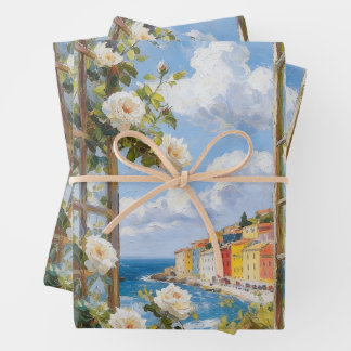 Hoja De Papel De Regalo Pueblo costero mediterráneo y envoltorio de rosas 