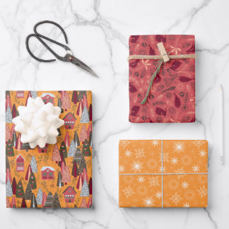 Hoja De Papel De Regalo Pueblo navideño rojo y naranja del bosque