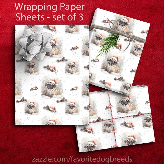Hoja De Papel De Regalo Pug acuarela en Navidades de Santa Hat (Watercolor Pug in Santa Hat Christmas Wrapping Paper Sheets - set of 3)