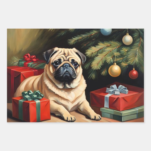 Hoja De Papel De Regalo Pug celebra a los Navidades (Anverso)