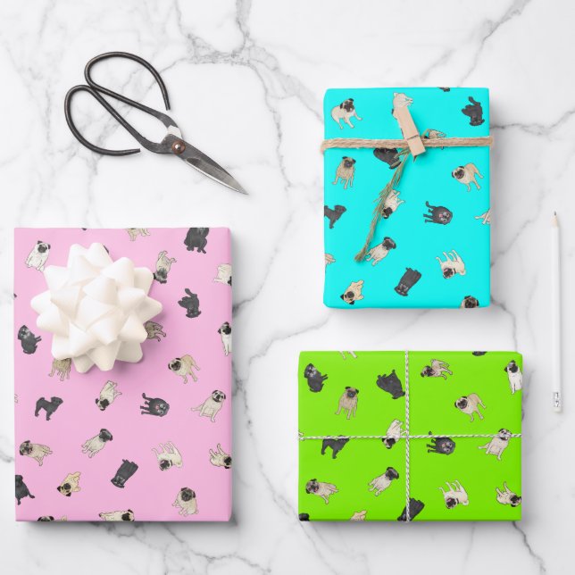 Hoja De Papel De Regalo Pug Confetti - chicle rosa, turquesa, verde  (Anverso)