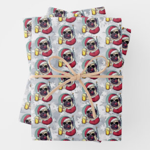 Hoja De Papel De Regalo Pug de Santa divertido de Navidad tomando una cerv