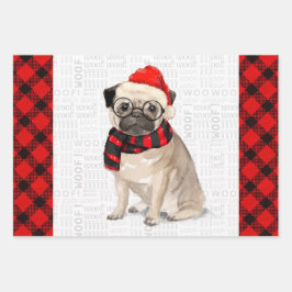 Hoja De Papel De Regalo Pug Navidades perro en el envolvimiento rojo y neg