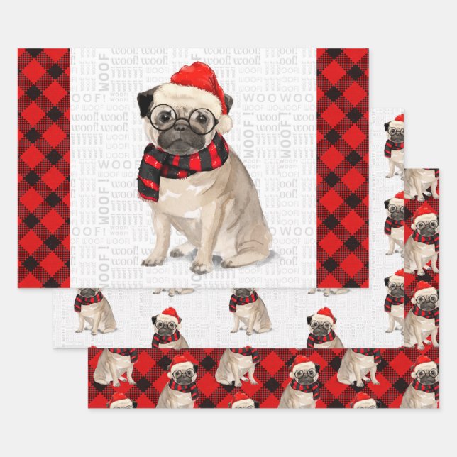 Hoja De Papel De Regalo Pug Navidades perro en el envolvimiento rojo y neg (Set)