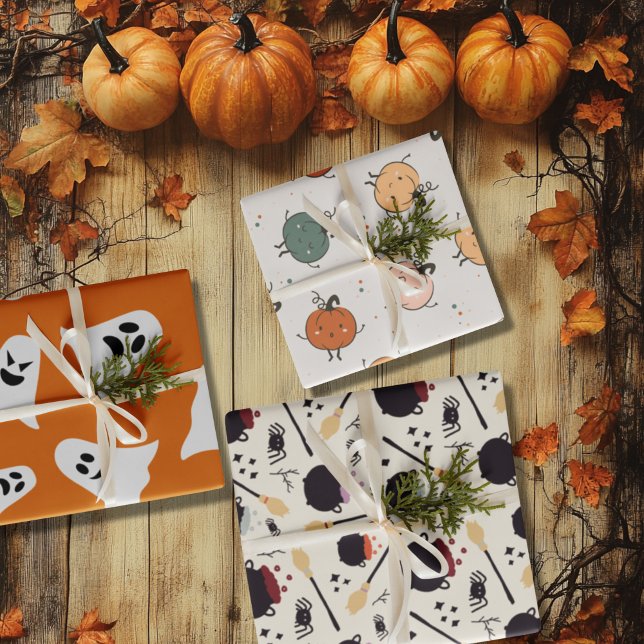 Hoja De Papel De Regalo Pumpkins feliz y fantasma de Halloween (Happy Pumpkins and Halloween ghost Wrapping Paper Sheets)
