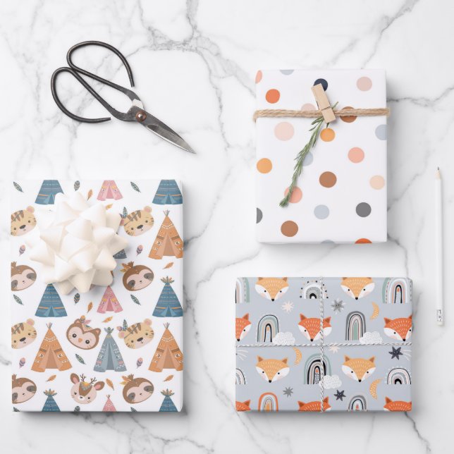 Hoja De Papel De Regalo Punto de animales y arcos de lluvia (Anverso)