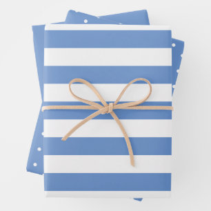 Hoja De Papel De Regalo Punto de Polka azul con banda ancha y sólido