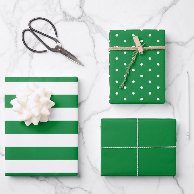 Hoja De Papel De Regalo Punto de Polka Verde de banda ancha y sólido (Anverso)