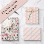 Hoja De Papel De Regalo Puntos de lunares a rayas de acuarela blancos rosa<br><div class="desc">Este elegante juego de papel de regalo de 3 hojas presenta diseños coordinados en rosa, marfil y verde salvia inspirados en flores de acuarela. El juego incluye una hoja con flores románticas, una con lunares blancos juguetones sobre un fondo rosa, y una con suaves rayas diagonales en rosa y marfil....</div>