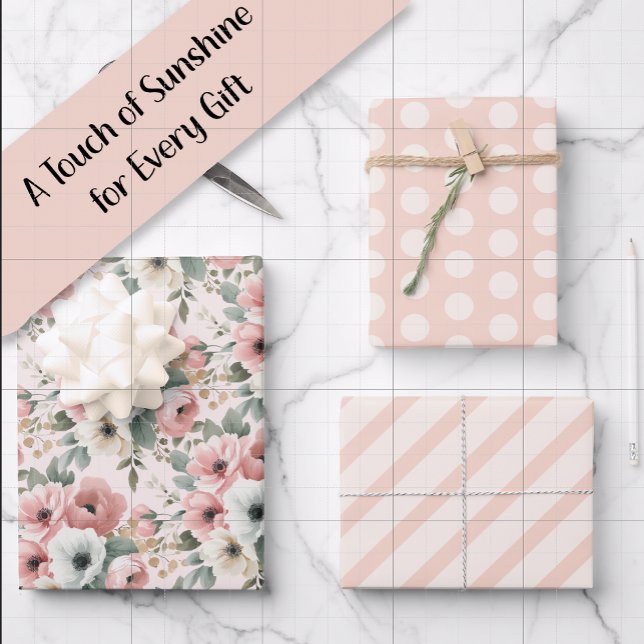 Hoja De Papel De Regalo Puntos de lunares a rayas de acuarela blancos rosa (Pink watercolor floral, pink and cream polka dots, and pink and cream-colored stripes gift wrap)