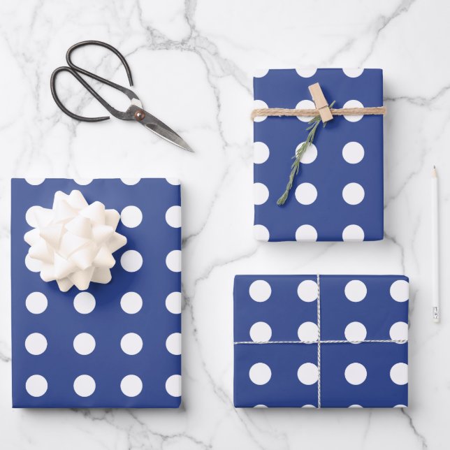 Hoja De Papel De Regalo Puntos de Polka Blanco Azul (Anverso)