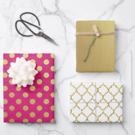 HOJA DE PAPEL DE REGALO PUNTOS DE POLKA BLANCO DE ORO ROJO Y PATRÓN DE DIA