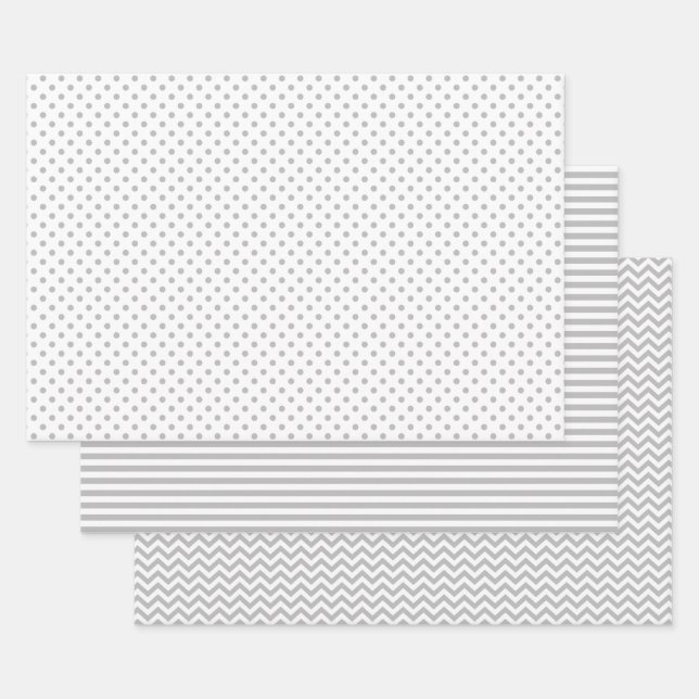 Hoja De Papel De Regalo Puntos de Polka Chevron con franjas grises y blanc (Set)