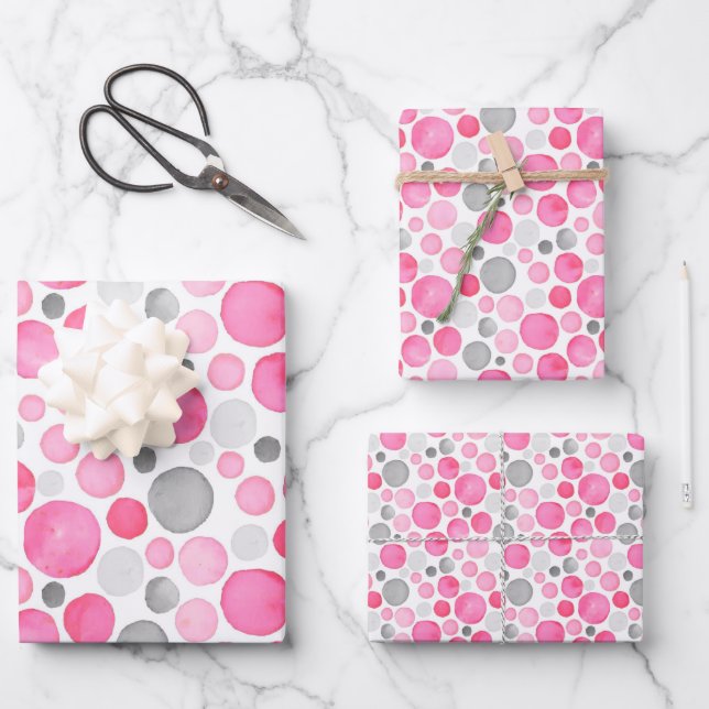 Hoja De Papel De Regalo Puntos de Polka Gris Rosa (Anverso)