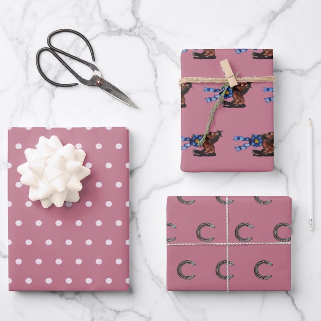 Hoja De Papel De Regalo puntos de polka, lazo de caballo/ azul. zapatos de (Anverso)
