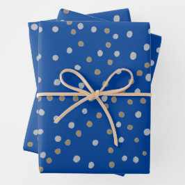 Hoja De Papel De Regalo Puntos de Polka Plata y Oro en Azul