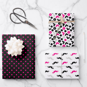 Hoja De Papel De Regalo Puntos Polka de Geometría Rosa Negro Bigote