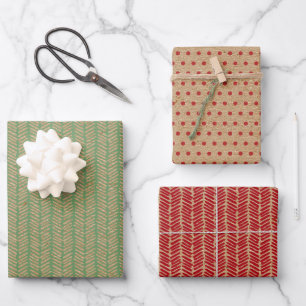 Hoja De Papel De Regalo Puntos rojos verdes Chevron en Kraft marrón falso