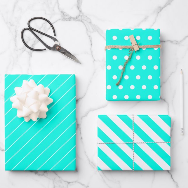 Hoja De Papel De Regalo Puntos Y Rayas De Polka Turquesa (Anverso)