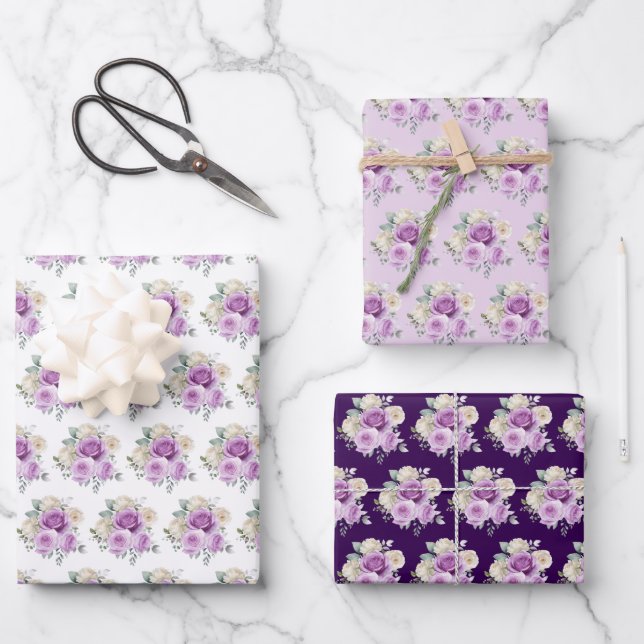 Hoja De Papel De Regalo Purple and Silver Elegant Flowers (Anverso)
