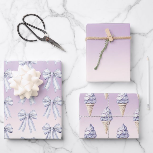 Hoja De Papel De Regalo Purple Blush Bows Ice Cream Cones Birthday (Anverso)