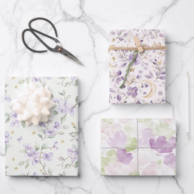 Hoja De Papel De Regalo Purple Flowers Gold Stars Moons Birthday (Anverso)