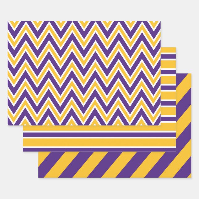 Hoja De Papel De Regalo Purple, Gold, and White Chevron & Stripe Pattern (Set)