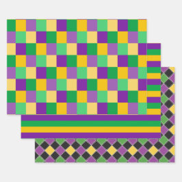 HOJA DE PAPEL DE REGALO PURPLE GREEN GOLD MARDI GRAS DIAMOND STRIPS