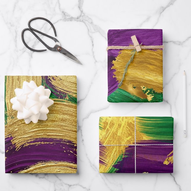 HOJA DE PAPEL DE REGALO PURPLE GREEN YELLOW MARDI GRAS BRUSH STROKES (Anverso)