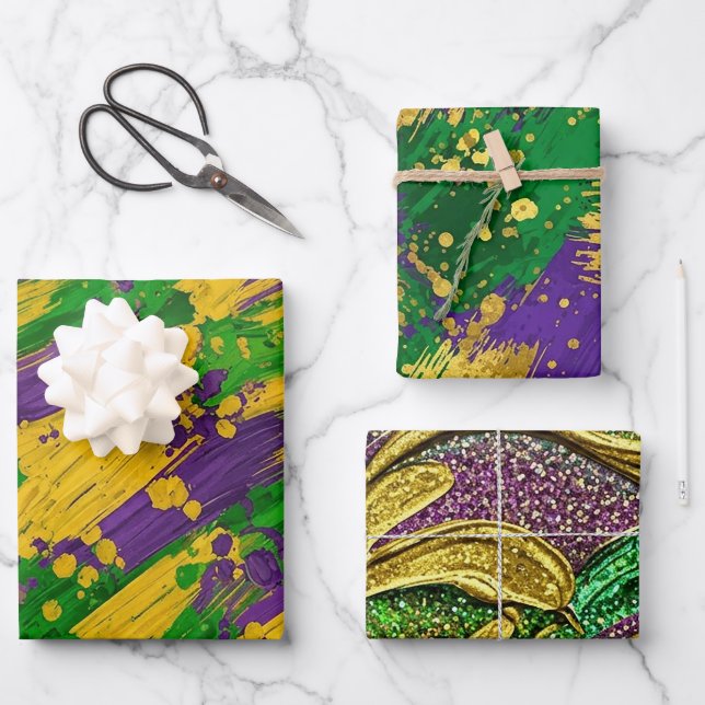 HOJA DE PAPEL DE REGALO PURPLE GREEN YELLOW MARDI GRAS BRUSH STROKES (Anverso)