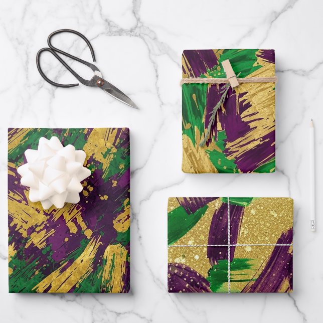 HOJA DE PAPEL DE REGALO PURPLE GREEN YELLOW MARDI GRAS BRUSH STROKES (Anverso)