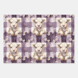 Hoja De Papel De Regalo Purple Highland Cow Flowers Gingham Checkered