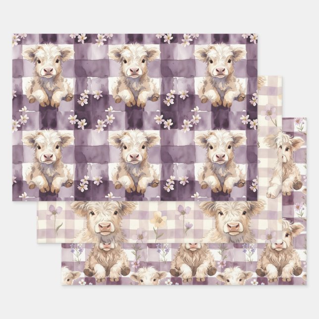 Hoja De Papel De Regalo Purple Highland Cow Flowers Gingham Checkered (Set)