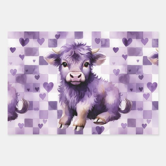 Hoja De Papel De Regalo Purple Highland Cow Gingham Aesthetic (Anverso)