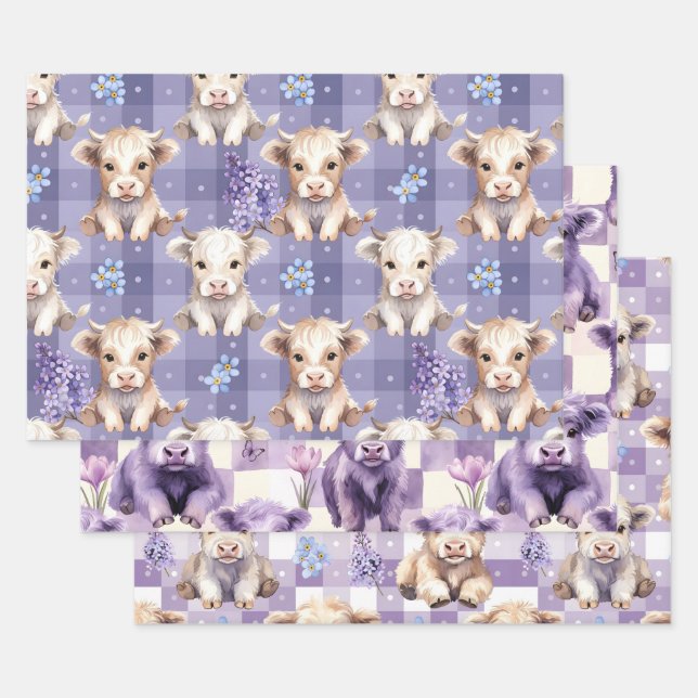 Hoja De Papel De Regalo Purple Highland Cow Gingham Lilac Aesthetic (Set)