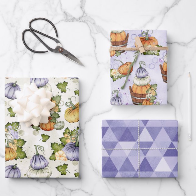 HOJA DE PAPEL DE REGALO PURPLE NARANJA BLANCO FALL AUTUMN PUMPKINS (Anverso)