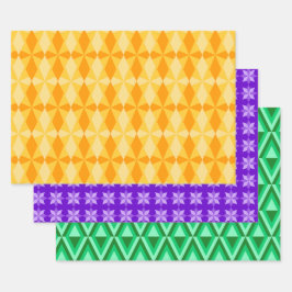 HOJA DE PAPEL DE REGALO PURPLE NARANJA VERDE MARDI GRAS PATRONES