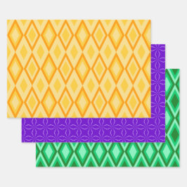 HOJA DE PAPEL DE REGALO PURPLE NARANJA VERDE MARDI GRAS PATRONES