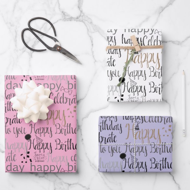 Hoja De Papel De Regalo Purple Pink White Fun Happy Balloons Birthday (Anverso)