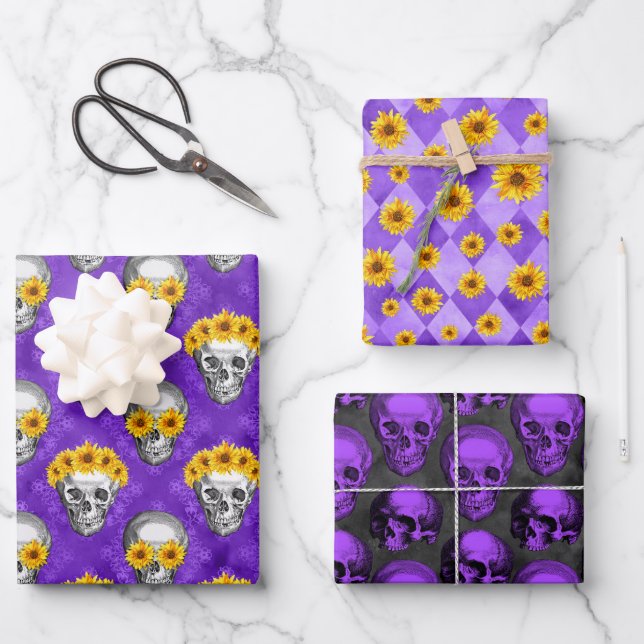 Hoja De Papel De Regalo Purple Skulls y Sunflower Series Design 10 (Anverso)