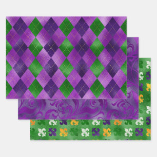HOJA DE PAPEL DE REGALO PURPLE VERDE ORO MARDI GRAS FLEUR DI LIS DIAMOND