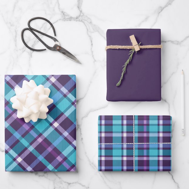 Hoja De Papel De Regalo Purples, Teals, Blue & White Plaid (Anverso)