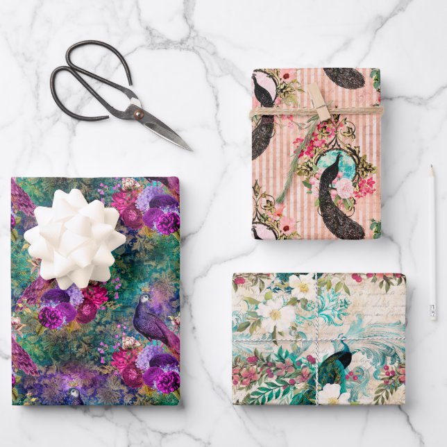 Hoja De Papel De Regalo Púrpura Pink Peacock Floral (Anverso)